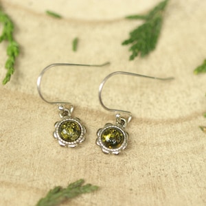 Green Baltic Amber Flower Earrings | Sterling Silver Dangle Earrings | Natural Gemstone Jewellery | Gift for Her