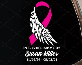 Breast Cancer Memorial Car Decal | Pink Ribbon with Angel Wings | Personalized Name Tribute Vinyl Sticker for Awareness & Remembrance