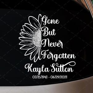 Sunflower Split Memorial Car Decal | Gone But Not Forgotten Design | Personalized Name Tribute Vinyl Sticker for Sunflower & Nature Lovers