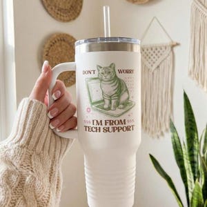 Funny Tech Support Cat Tumbler, Nerdy Cat Humor, IT Professional Gift, Computer Geek Coffee Cup, Retro Office Humor Gift, Coworker Tumbler