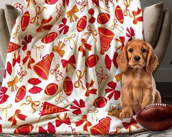 Bow Plush Blanket, Chiefs Fan Blanket, Velveteen Football Blanket, Kansas City Blanket, Chiefs Coquette, Chiefs Girly Blanket