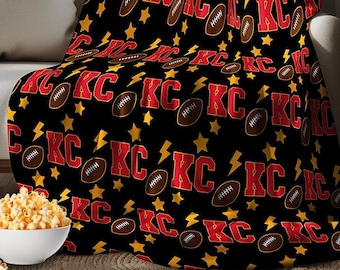 Stars Bolts Plush Blanket, Chiefs Fan Blanket, Velveteen Football Blanket, Kansas City Blanket, Chiefs Lightning Bolt, Chiefs Stars Blanket