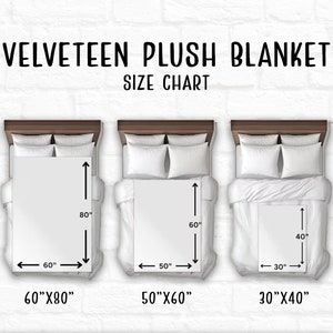 May include: Size chart for a plush velvet blanket. The chart shows three sizes: 60" x 80", 50" x 60", and 30" x 40".
