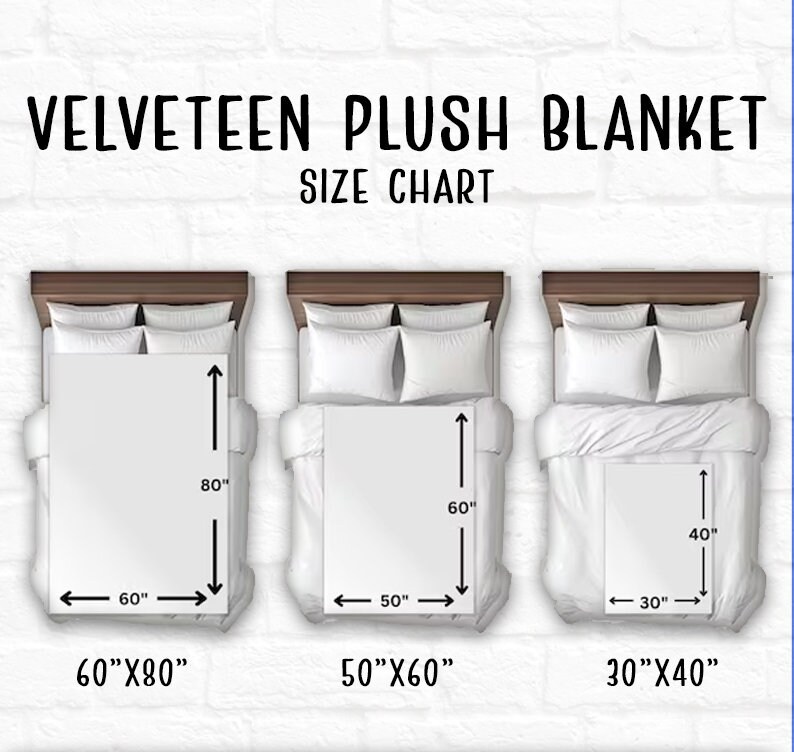 May include: Size chart for a plush velvet blanket. The chart shows three sizes: 60" x 80", 50" x 60", and 30" x 40".