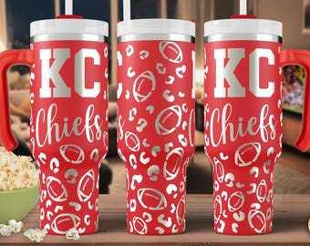 Red Leopard Print and Football KC Chiefs Laser Engraved 30oz Tumbler, Chiefs Game Night Tumbler, Kansas City Tailgating Tumbler, Chiefs Fan