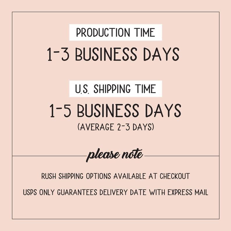 May include: Text graphic with the heading "Production Time" and the text "1-3 Business Days". Below that is the heading "U.S. Shipping Time" and the text "1-5 Business Days (Average 2-3 Days)". Below that is the text "Please Note" and the text "Rush shipping options available at checkout. USPS only guarantees delivery date with express mail."