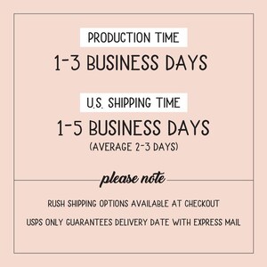 May include: Text graphic with the heading "Production Time" and the text "1-3 Business Days". Below that is the heading "U.S. Shipping Time" and the text "1-5 Business Days (Average 2-3 Days)". Below that is the text "please note" and the text "Rush shipping options available at checkout". The final line of text is "USPS only guarantees delivery date with express mail."