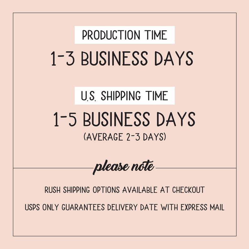 May include: Text graphic with the heading "Production Time" and the text "1-3 Business Days". Below that is the heading "U.S. Shipping Time" and the text "1-5 Business Days (Average 2-3 Days)". Below that is the text "please note" and the text "Rush shipping options available at checkout". The final line of text is "USPS only guarantees delivery date with express mail."