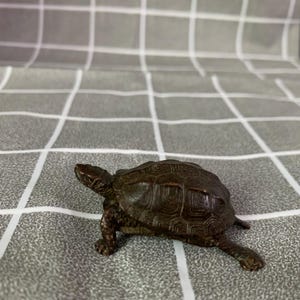 Op de afbeelding: Een kleine, donkerbruine schildpadfiguur met gedetailleerde schaalpatronen en een getextureerde huid. De schildpad staat op een grijs-wit geruit oppervlak en toont zijn poten en kop.