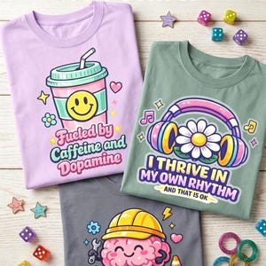 ADHD PNG Bundle | 3 Funny Neurodivergent Sublimation Designs | Caffeine Dopamine Humor + Executive Dysfunction + Affirmation Clipart