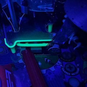 May include: A detailed view of a pinball machine's internal mechanisms, lit with blue and neon green hues. The image showcases the machine's various parts, such as bumpers, ramps, and scoring displays. The design includes the text "ALL 4 AWARDS 2X".