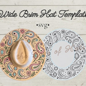 May include: A Wide Brim Hat Template SVG design featuring two circular layouts. One shows a tan hat with colorful paisley and floral patterns in pink, blue, and green. The other is a black and white line art version of the same intricate design.