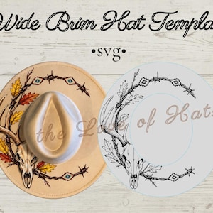 May include: A digital Wide Brim Hat Template SVG file featuring a beige hat with a deer skull, barbed wire, and autumn leaves design on the left, alongside a black and white line art version. The text reads Wide Brim Hat Template and svg.