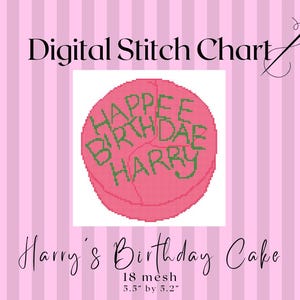 May include: Digital stitch chart featuring a pink, pixelated cake with green text that reads "HAPPEE BIRTHDAE HARRY." The text "Harry's Birthday Cake" is below the image. The chart is 5.5" by 5.2" and has 18 mesh.
