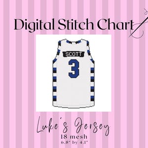 May include: Digital stitch chart of a white basketball jersey with blue and black stripes. The jersey displays "SCOTT" and the number "3". The text "Luke's Jersey" is included. The chart measures 17.3 cm by 10.4 cm.