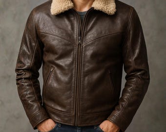 Men’s Genuine Sheep Leather Jacket with Shearling Collar, Vintage Brown Winter Biker Coat