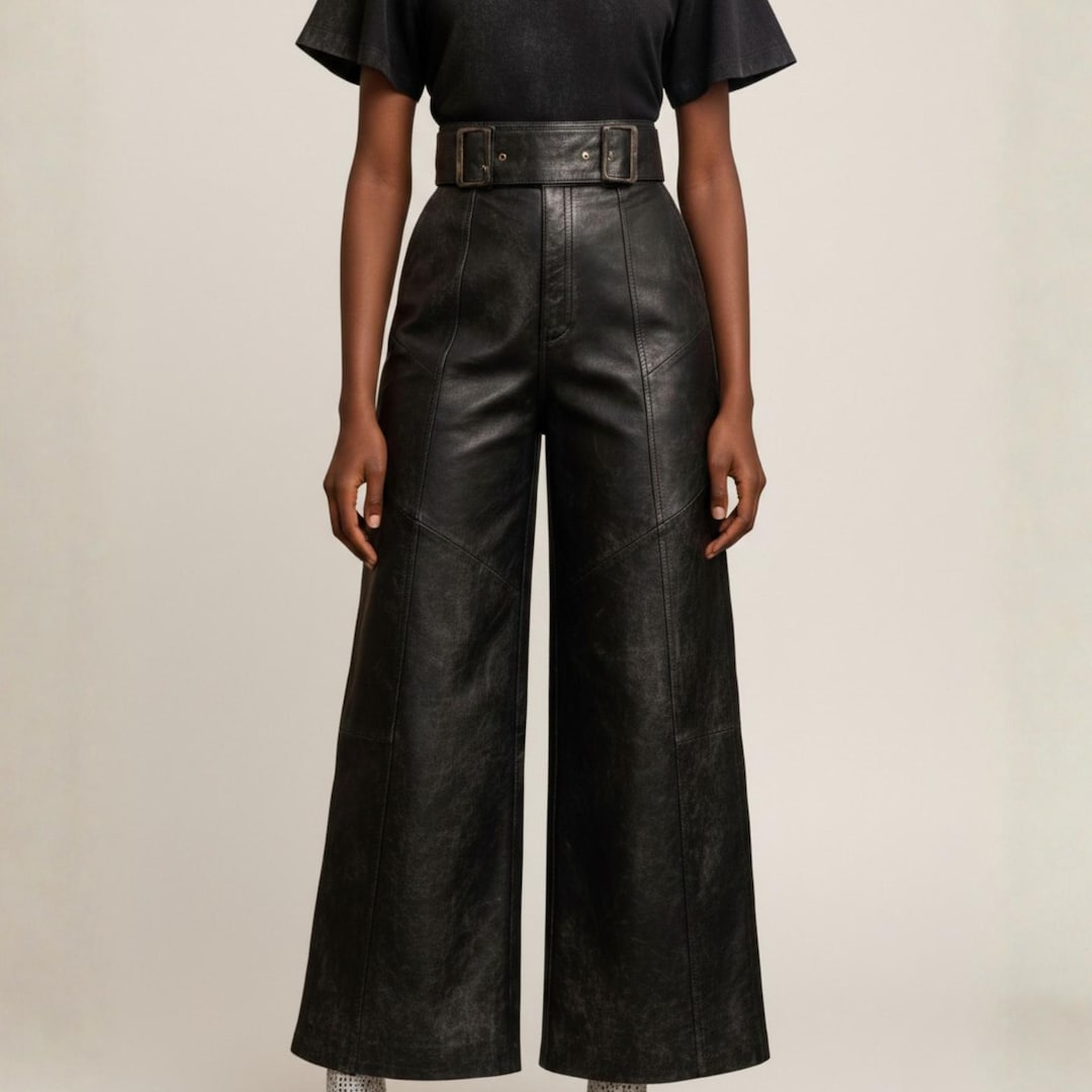 Handmade Sheep Leather Wide Leg Pants, High Waist Black Leather ...