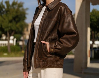 Oversized schapenleren damesjas, vintagebruine echt leren bomberjas met relaxte pasvorm