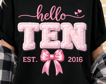 Camiseta de niña de 10.º cumpleaños PNG, diseño de lazo rosa (descarga digital)