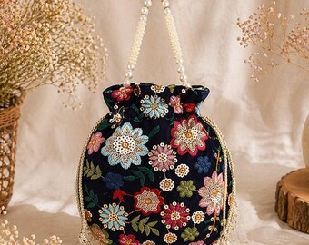 Handmade Navy Blue Floral Potli Bag, Embroidered Pearl Handle Bridal Clutch