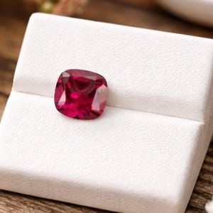 Può includere: Una gemma rosso scuro, taglio a cuscino, è esposta su una piattaforma bianca strutturata. La gemma è il punto focale, su uno sfondo di assi di legno e delicate composizioni floreali con fiori rosa e bianchi. L'illuminazione evidenzia le sfaccettature.