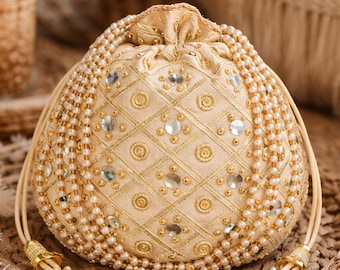 Bolso Potli dorado hecho a mano, bolso de mano nupcial bordado con perlas, bolso de fiesta bohemio