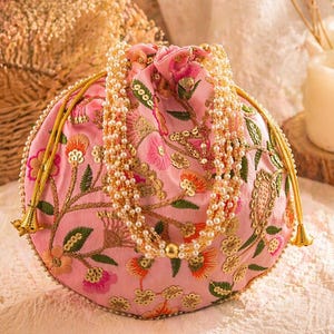 handmade Pink Floral Embroidered Potli Bag with Pearl Handle, Festive Wedding Clutch