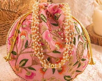 Bolso Potli rosa bordado a mano con asa de perlas, bolso de mano festivo para bodas