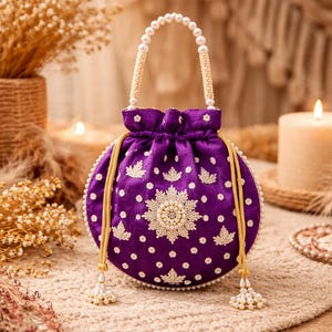 Handmade Purple Potli Bag, Pearl Handle, Gold Embroidered Drawstring Purse, Ethnic Wedding Clutch