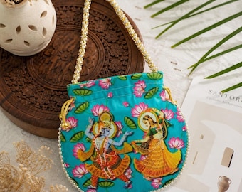 Bolso Potli turquesa hecho a mano / Estampado de Radha Krishna, asa de perlas, monedero con cordón