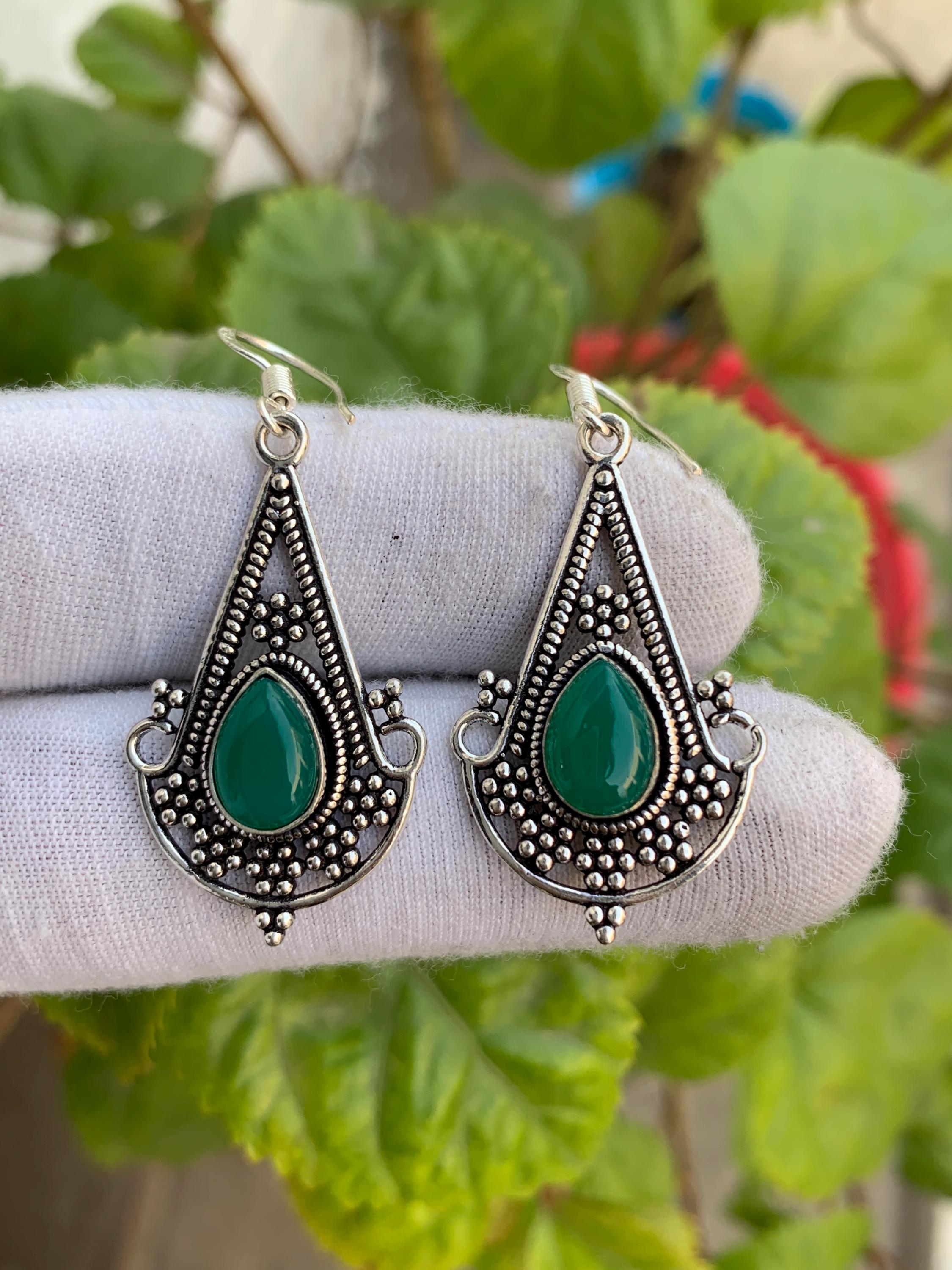 Green Onyx Teardrop Earrings, Sterling Silver Boho Dangle