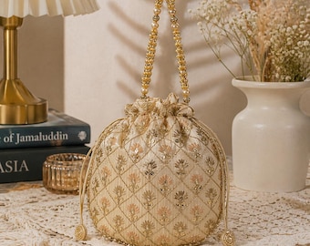 Handmade Gold Embroidered Potli Bag with Pearl Handle, Festive Wedding Clutch