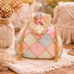 Handmade Pastel Potli Bag, Pearl Handle, Embroidered Bridal Drawstring Purse