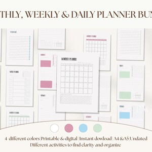 Puede incluir: Un conjunto de páginas de planificador imprimibles, que incluyen diseños mensuales, semanales y diarios. Las páginas presentan un diseño minimalista con acentos de color rosa, azul y verde. El texto en la parte superior dice "MONTHLY, WEEKLY & DAILY PLANNER BUNDLE".