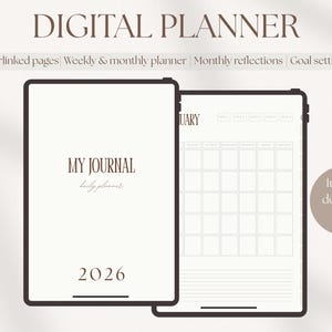 Puede incluir: Planificador digital con el texto "DIGITAL PLANNER" en la parte superior. La imagen muestra dos tabletas, una que muestra "MY JOURNAL" y el año "2026". La otra tableta muestra un diseño de calendario mensual. Incluye el texto "Descarga instantánea".