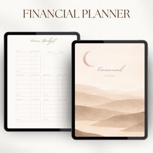 Puede incluir: Dos planificadores financieros digitales sobre un fondo blanco. El texto superior dice "FINANCIAL PLANNER" en marrón. Uno muestra un diseño de presupuesto doméstico, el otro presenta un diseño de paisaje con una luna creciente.