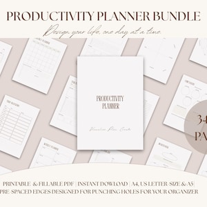 Puede incluir: Un paquete de planificador de productividad blanco con varias páginas de planificación, incluido un planificador semanal y mensual. La portada dice "Productivity Planner". La imagen también incluye el texto "Design your life, one day at a time" y "34 páginas".