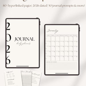 Puede incluir: Planificador digital con el texto "Digital planner" y "2026". La imagen muestra un planificador digital con más de 80 páginas con hipervínculos, fechado en 2026, e incluye 50 indicaciones de diario. El planificador incluye una vista de calendario y páginas de diario.