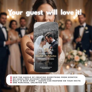 May include: A smartphone displays a wedding invitation with the text "We Do" and the names Charlotte and Sebastian. The invitation includes the date, time, and venue. The image also includes the text "Your guest will love it!"