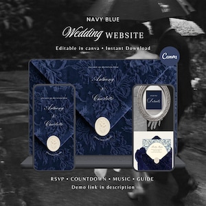 May include: A digital wedding website template displayed on a laptop and two mobile screens, featuring a navy blue floral pattern, white text including names Anthony and Charlotte, and a cream-colored wax seal graphic with the text Open Invitation.