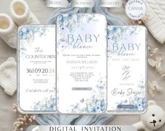 Baby in Bloom Baby Shower Invitation, Blue Floral Butterfly Baby Shower Invite (Digital Download) BS04