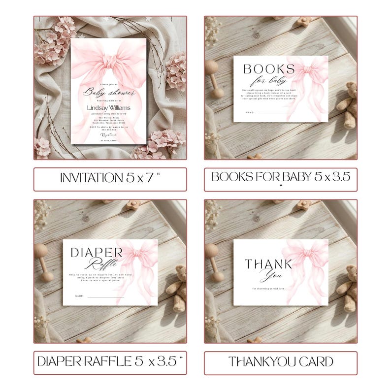 Editable Pink Bow Baby Shower Bundle Templates, Baby Girl Cute Ribbon ...