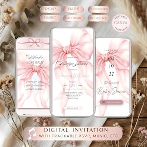 Könnte beinhalten: Digitale Babyparty-Einladungsvorlage auf drei Smartphones. Das Design zeigt eine rosa Aquarellschleife und Text. Die Einladung enthält Optionen für RSVP, Karten, Musik, Kalender und Registrierung. Der Text lautet "Books for Baby" und "Baby Shower".