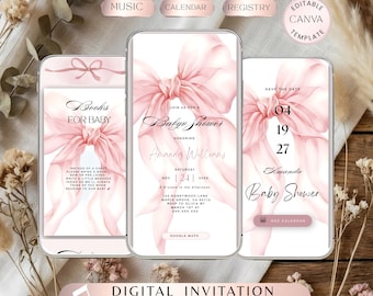 Pink Bow Baby Shower Invitation, Coquette Style, Interactive Website (Digital Download) BS02