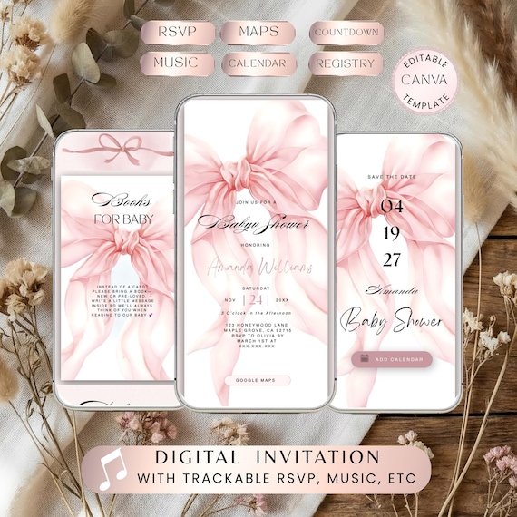 Pink Bow Baby Shower Invitation, Coquette Style, Interactive Website (Digital Download) BS02
