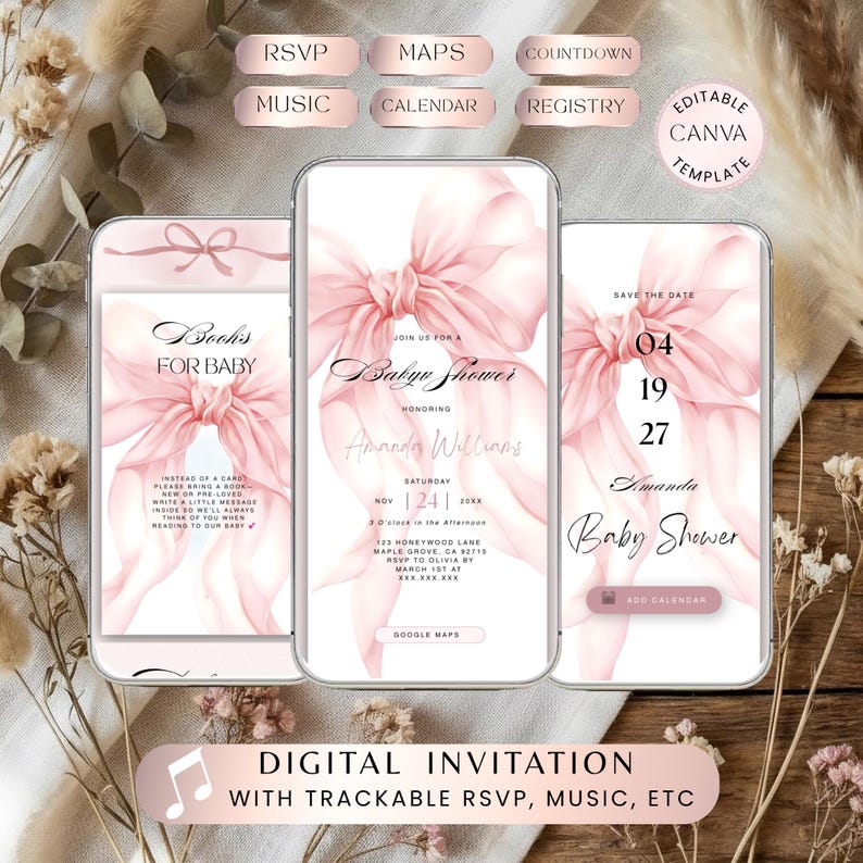 Pink Bow Baby Shower Invitation, Coquette Style, Interactive Website (Digital Download) BS02