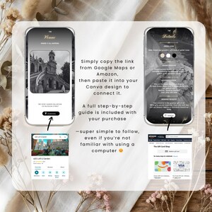 May include: A digital wedding template displayed on two smartphones. The screens show venue details and instructions to copy links from Google Maps or Amazon. The text includes a step-by-step guide and instructions for use.