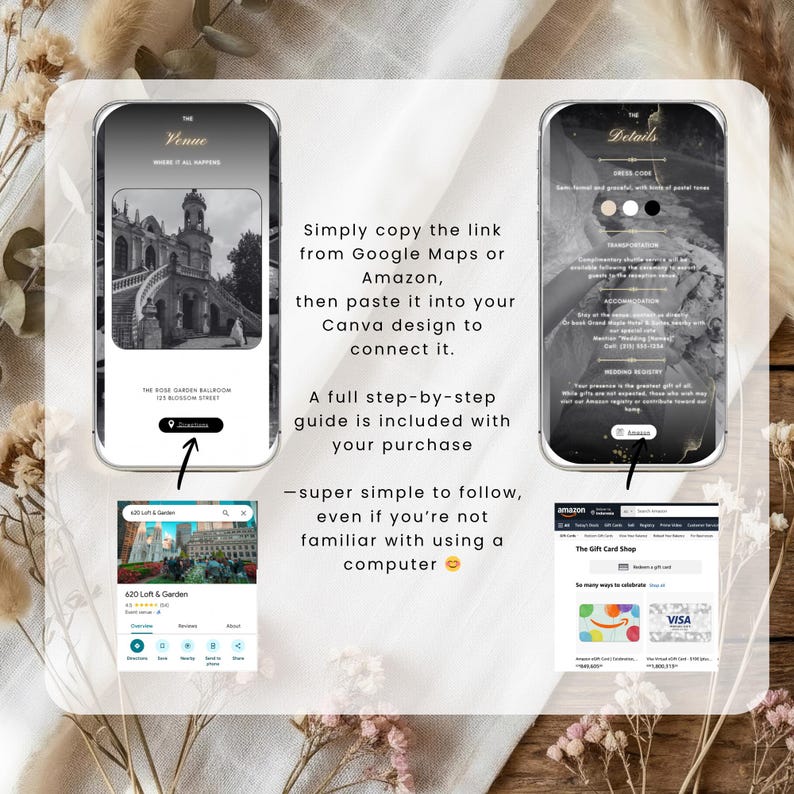 May include: A digital wedding template displayed on two smartphones. The screens show venue details and instructions to copy links from Google Maps or Amazon. The text includes a step-by-step guide and instructions for use.