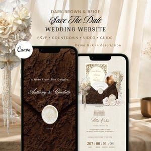 Op de afbeelding: Twee smartphones met een trouwwebsite-sjabloon in donkerbruin en beige. De schermen bevatten tekst zoals Save The Date, Wedding Website, RSVP, Countdown, Video, Guide en de namen Anthony & Charlotte met een waszegel-afbeelding.