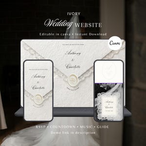 May include: A digital wedding website template displayed on a laptop and two smartphones, featuring an ivory textured envelope design with lace trim, a wax seal, and the names Anthony and Charlotte. The interface includes RSVP, countdown, and music.